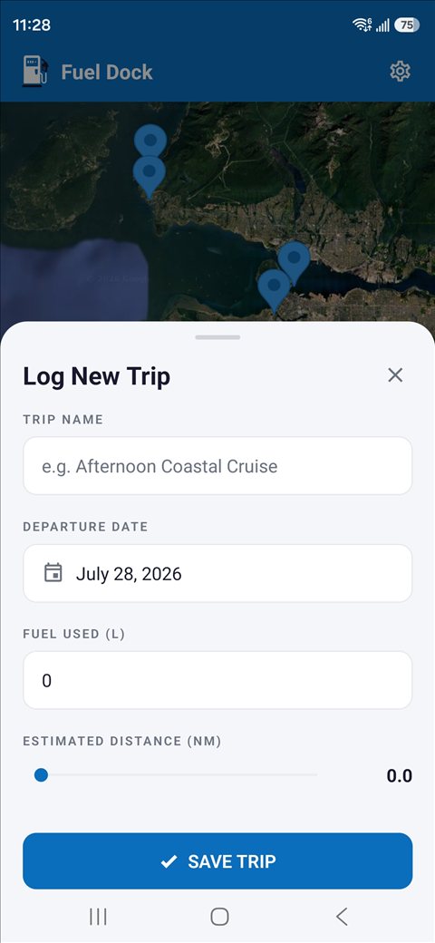 Fuel Dock app showing the fuel dock map and Log New Trip screen