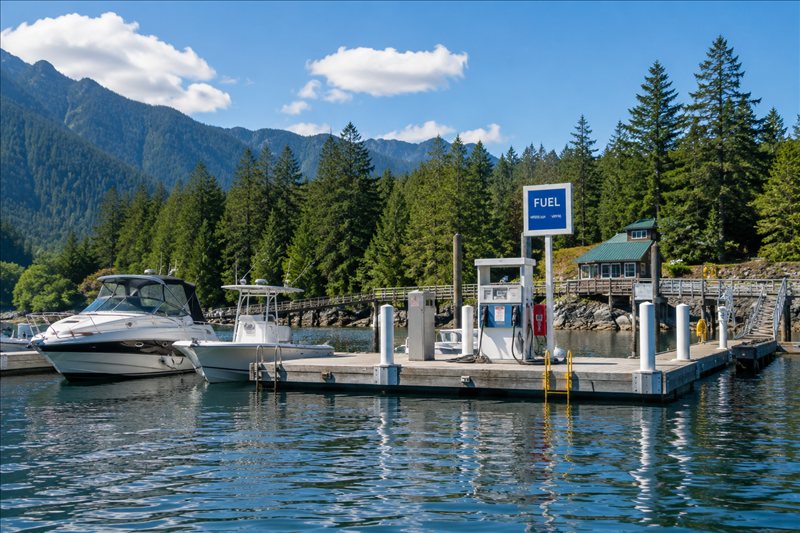 Marina fuel dock with boats tied up