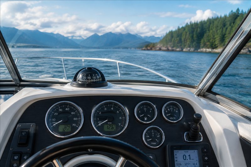 Boat helm gauges tracking speed and fuel