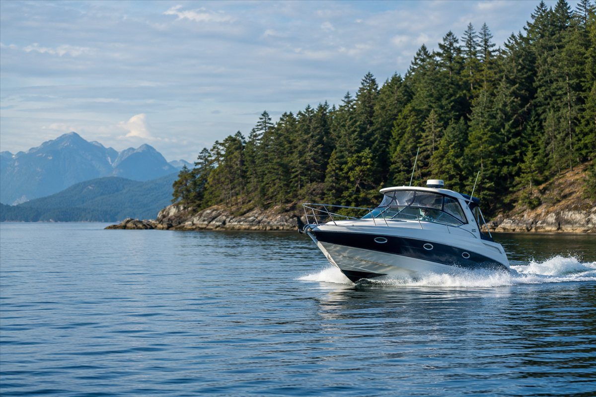 Recreational boat cruising the Pacific Northwest coast